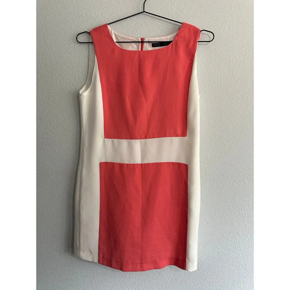Zara Basic Coral White Colorblock Mod 70s inspired Sheath Sleeveless Dress Sz M - Picture 3 of 12